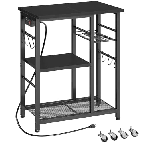 YATINEY Movable Bakers Rack, Microwave Stand with Charging Station, Kitchen Storage Rack with Hooks and Basket, Casters and Adjustable Feet, for Small Space, Kitchen, Dining Room, Black HB04UBB - color: Black