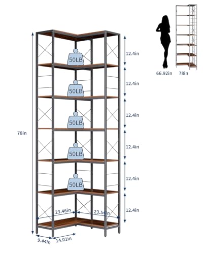 Garvee Corner Shelf, 7 Tier Industrial Corner Bookshelf, Wood and Metal Frame Large Bookcase, Freestanding Display Shelf for Living Room, Kitchen, Home Office, Rustic Brown