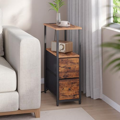 TUTOTAK Small Narrow End Table with Charging Station, Set of 2, Side Table with Outlets, Nightstand with 2 Cloth Drawers, Couch Table, for Living Room, Bedroom, Bedside, Brown TB01BB055 - color: Brown, style: 2 Drawers & Plug