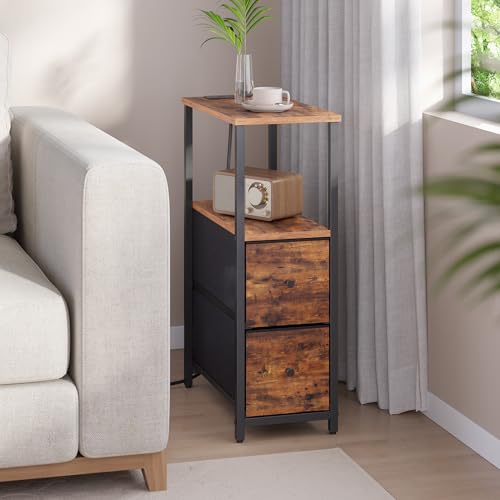 TUTOTAK Small Narrow End Table with Charging Station, Set of 2, Side Table with Outlets, Nightstand with 2 Cloth Drawers, Couch Table, for Living Room, Bedroom, Bedside, Brown TB01BB055 - color: Brown, style: 2 Drawers & Plug