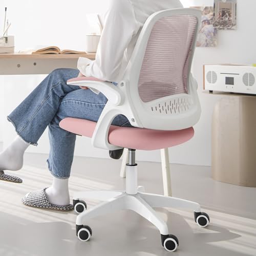 NEO CHAIR Office Desk Gaming Ergonomic Computer Chair with Lumbar Back Support Adjustable Height Swivel Rolling Wheels Flip-up Arms Mesh Chair for Home Vanity (Pink) - color: Pink
