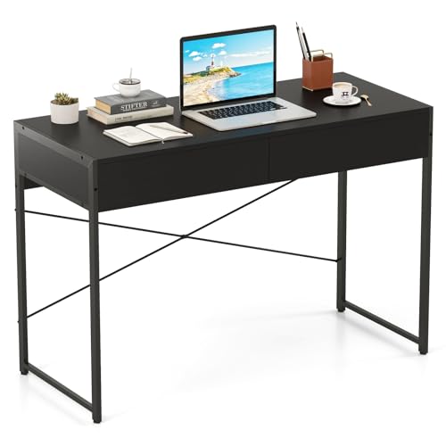 Giantex Computer Desk with 2 Drawers, 44 Inch Home Office Desk with Anti-Toppling Device & Metal Frame, Compact Laptop PC Table, Makeup Vanity Table, Modern Study Writing Desk for Small Spaces (Black) - color: Black