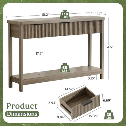 Fluted Console Table, 51 Inch Entryway Table with 3 Drawers | Scandi farmhouse look with quiet full-extension slides, open lower shelf, profile for hallway, entry, foyer or behind sofa. - color: Dark Gray