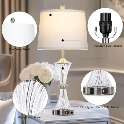 Rinweey Crystal Glass Table Lamp with USB C+A Ports & AC Outlet,White Clear Modern Bedroom Lamp,Silver Lamp for Living Room,Nightstand Lamp LED Bulbs Included,Single Silver - color: Silver-1P
