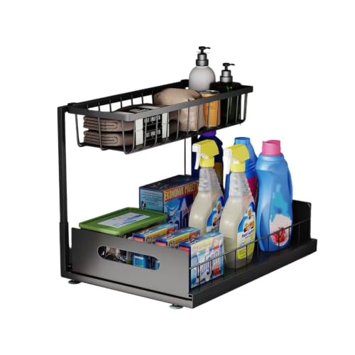 Under Sink Organizer, 2 Tier Pull-Out Cabinet Storage Shelf, Rust-Resistant Metal Organizer for Kitchen Bathroom Laundry Room, No Tools Installation, 1 Pack Black - color: 1 Pack-Black