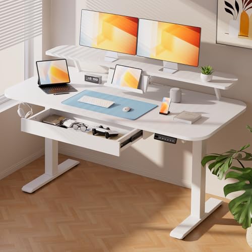 COMHOMA Electric Standing Desk with Drawers, 55 x 24 Inch Sit Stand up Desk with Monitor Stand, Laptop Stand, Height Adjustable Ergonomic Home Office Computer Desks with Memory Preset Controller - color: Ivory White, size: 55 x 24 Inch