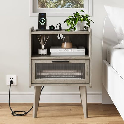MMEOLUOOK Nightstand with Charging Station, Bedside Tables Oak Grey End Table Side Table with 2 Tiers Storage Space, for Bedroom Living Room MLBZ07GE - color: Oak Gray