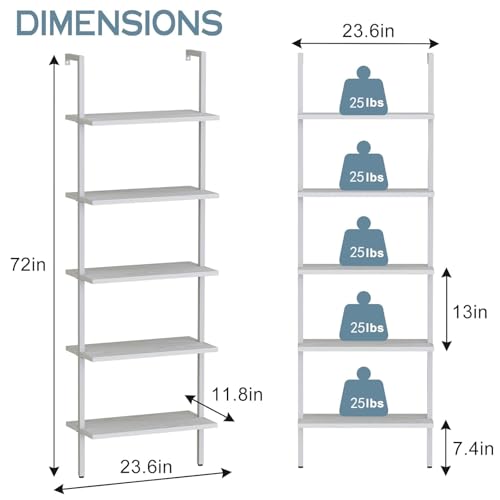 aboxoo Ladder Shelf White Wooden Bookshelf 5-Tier Wall-Mounted Open Wood Rack Industrial Modern Plant Flower Stand Utility Organizer Bookcase Metal Frame Furniture Office Kitchen Bedroom - color: White Wood 5-tier, size: 1PC