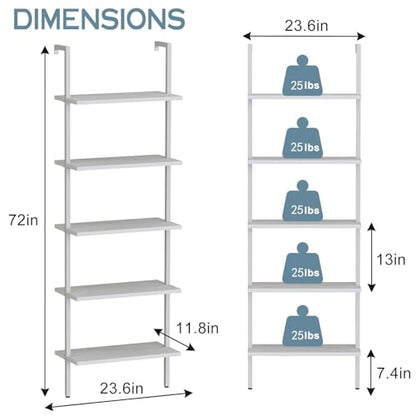 aboxoo Ladder Shelf White Wooden Bookshelf 5-Tier Wall-Mounted Open Wood Rack Industrial Modern Plant Flower Stand Utility Organizer Bookcase Metal Frame Furniture Office Kitchen Bedroom - color: White Wood 5-tier, size: 1PC