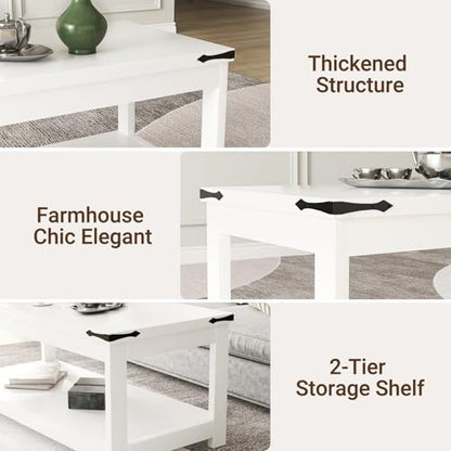 Homieasy 43.3” Rectangular Coffee Table with Storage Shelf, White | Farmhouse Wood Center Table for Living Room, Modern Black Tea Table with Open Shelf - color: White