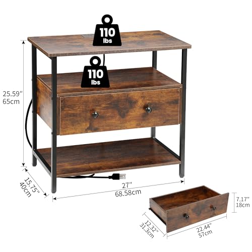Edbuosy 27 Inch Wide Night Stand with Charging Station, Wood Nightstand with Open Shelf, Large Drawer Bedside Table for Living Room/Bedroom/Office, Retro Brown - color: Retro Brown, size: 27"W-1 Drawer
