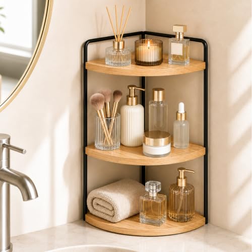 3-Tier Corner Bathroom Countertop Organizer, Solid Pine Wood Vanity Shelf | Natural wood solid pine shelves with 6.3 in clearance for tall bottles, skincare, perfume, and daily essentials. - color: Natural Wood Color
