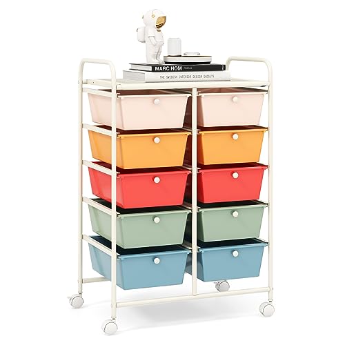 RELAX4LIFE Rolling Storage Cart with 10 Drawers - Craft Storage Cart with Lockable Wheels,Utility Cart, Art Cart Organizer for Crafting Storage, Studio, Office, Home, School Rolling Drawer Cart - color: Macaron, style: 10 Drawers