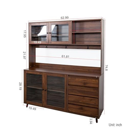 63" W Large Kitchen Hutch Cabinet, Freestanding Pantry Storage Cabinet with Hutch, 4 Doors 4 Drawers & Microwave Shelf, Buffet Sideboard Cupboard for Dining Room Kitchenette, Walnut - color: 05 Walnut