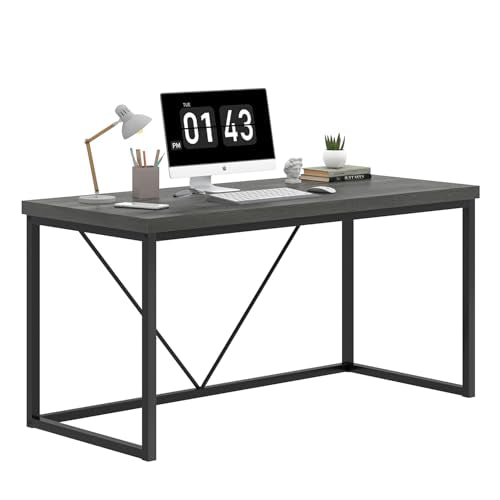 EXCEFUR Modern Home Office Desk, Wood and Metal Computer Desk, Industrial Writing Study Gaming Table for Living Room Bedroom, Rustic Grey, 53 inch - color: Grey, size: 53 inch