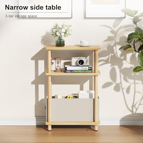 Apicizon Small Narrow Side Table, 3-Tier Skinny End Table for Small Spaces, Slim Nightstand with Fabric Basket, Bedside Table for Living Room, Bedroom, Natural - color: Natural, style: Narrow Side Table with Basket