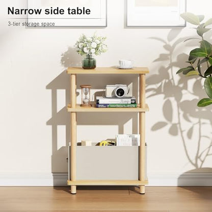 Apicizon Small Narrow Side Table, 3-Tier Skinny End Table for Small Spaces, Slim Nightstand with Fabric Basket, Bedside Table for Living Room, Bedroom, Natural - color: Natural, style: Narrow Side Table with Basket