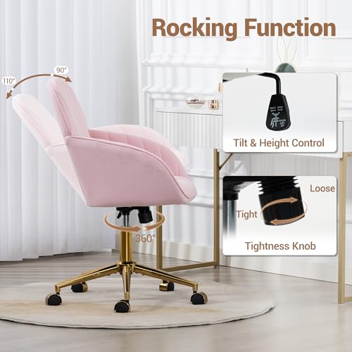 Velvet Make Up Vanity Chair with Wheels and Gold Base 330 Lbs - Pink | Home office Chair, Study Chair, Teacher Chair, Cute Chair, Height Adjustable Swivel Desk Chair, for Living Room Study Room - color: Pink