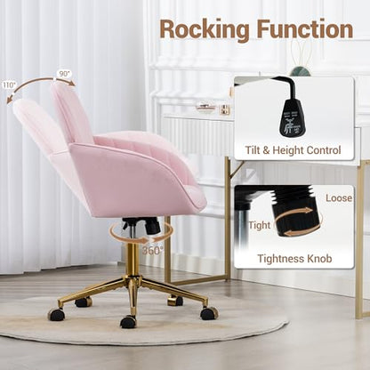 Velvet Make Up Vanity Chair with Wheels and Gold Base 330 Lbs - Pink | Home office Chair, Study Chair, Teacher Chair, Cute Chair, Height Adjustable Swivel Desk Chair, for Living Room Study Room - color: Pink