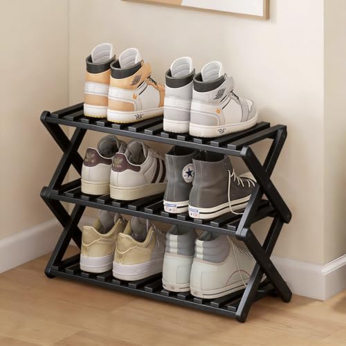 3 Tier Bamboo Shoe Rack Black,Portable Folding Shoe Storage Rack,Without Installation Small Shoe Rack Perfect for Corridors, Drom, Bedrooms and Small Spaces - color: Black, size: 3 Tier