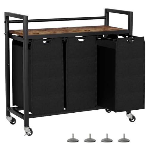 SwaaVee Laundry Sorter, Laundry Hamper 3 Section, 3×11.4Gal, Metal Frame Rolling Laundry Basket with Wooden Top Shelf, Pull out and Removable Laundry Bags, 3 Bags-Black - color: Black