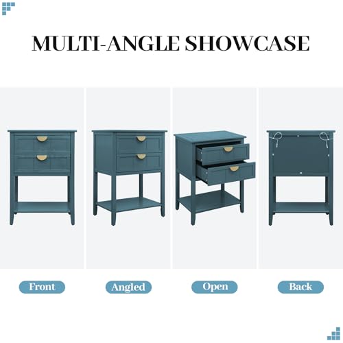 vistavie 22" Blue End Table with 2 Drawers and Open Shelf, Accent Side Table with Storage, Gold Handles and Solid Wood Legs for Living Room, Sofa Side - color: Blue Set of 1