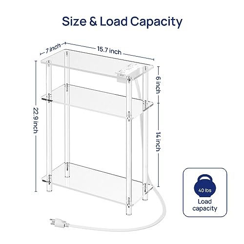 HMYHUM Acrylic Narrow Side Table with Charging Station, 7" Width, 3 Tier Small End Table for Small Spaces, Skinny Nightstand/Bedside Table with USB Ports & Outlet, Clear - size: 3-tier
