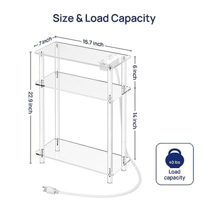 HMYHUM Acrylic Narrow Side Table with Charging Station, 7" Width, 3 Tier Small End Table for Small Spaces, Skinny Nightstand/Bedside Table with USB Ports & Outlet, Clear - size: 3-tier