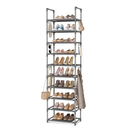 VTRIN 10 Tiers Tall Shoe Rack Holds 20-25 Pairs of Shoes Sturdy Vertical Shoe Organizer with 18pcs Hooks Stackable Narrow Shoe Rack for Closet, Entryway Grey - color: Grey, size: 17" Wide - 10 Tier