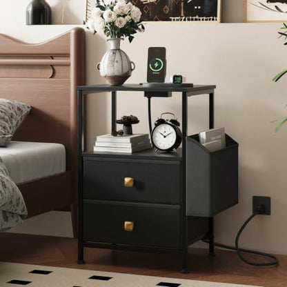 MALOL Night Stand with Charging Station & Led Light Strip, Bedside Table with Open Shelf & 2 Fabric Drawers and Reversible Side Storage Pocket, Modern End Table Bedroom,Living Room,Black - color: Black, size: Set of 1