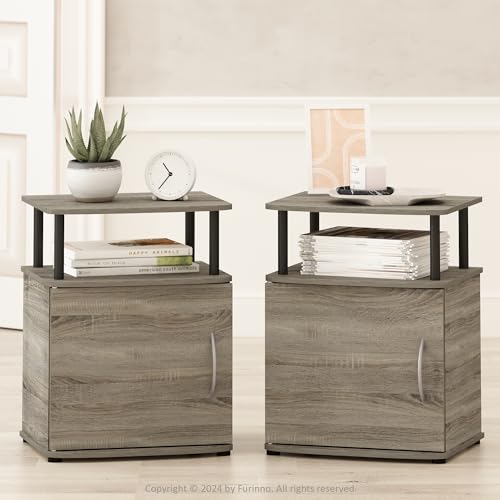 Furinno Jaya Set of 2 Night Stand with Door, Nightstand, French Oak | Open Shelf and Door Cabinet, Round Corner Bedside Table, Modern Side Table, End Table, for Bedroom, Closet, Dorm - color: French Oak/Black, size: 2-Pack, with 1 Door