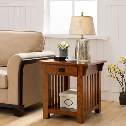 Leick Home Mission End Table, Solid Wood Construction, 1 Storage Drawer, Bottom Display Shelf, Slatted Sides, Easy-Assembly, Medium Oak, 25.0 in. W x 22.0 in. L x 23.0 In. H, 8207 - color: Medium Oak