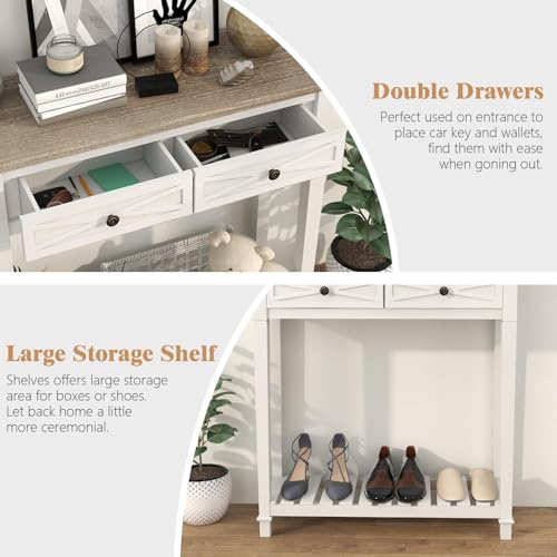 Kinpaw Narrow Console Table with Storage- White Entryway Table, Small Sofa Table with Drawer & Storage Shelf for Entryway, Hallway, Foyer, Behind Couch, Living Room Furniture, Wood - color: White-2 Drawers