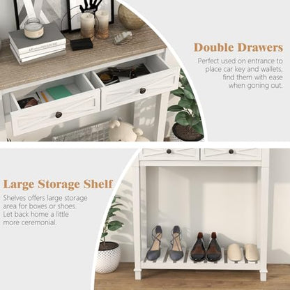 Kinpaw Narrow Console Table with Storage- White Entryway Table, Small Sofa Table with Drawer & Storage Shelf for Entryway, Hallway, Foyer, Behind Couch, Living Room Furniture, Wood - color: White-2 Drawers