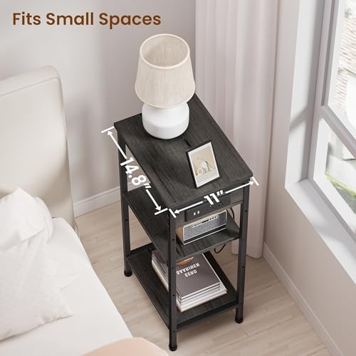Asgolion Tall End Table with Charging Station, 3 Tier Narrow Beside Table with Adjustable Shelf, Tall Gray Side Table Nightstand for Bedroom, Living Room Coffe Table, Office, Charcoal Grey - color: Charcoal Grey, size: 14.8"D x 11"W x 30"H