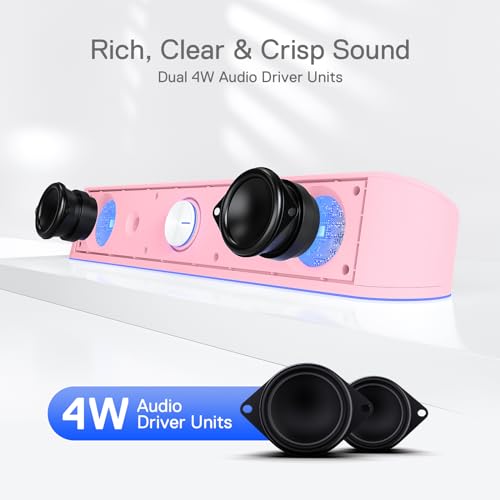 Redragon GS560 RGB Desktop Soundbar, 2.0 Channel Computer Speaker with Dynamic Lighting Bar Audio-Light Sync/Display, Touch-Control Backlit with Volume Knob, USB Powered w/ 3.5mm Cable, Pink - color: Pink
