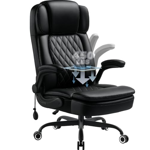 450LBS Big and Tall Executive Office Chair with Flip up Arm, Heavy Duty PU Leather Computer Desk Chair,Comfortable High Back Swivel Home Office Chair with Rolling for Adults,Spring Cushion,Metal Base - color: Black