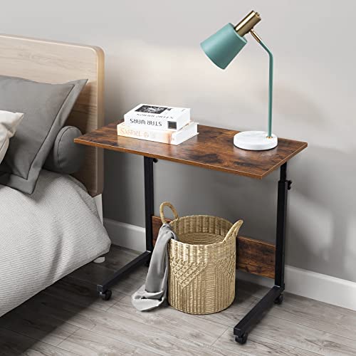 Karl home Mobile Side Table 31.5 Inch Computer Desk with Wheels Height Adjustable Rolling Potable Laptop Cart, C-Shaped Bed Couch End Tables with Edge Stopper for Livingroom Bedroom, Rustic Brown - color: Rustic Brown, size: 31.5"+No Power Sockets