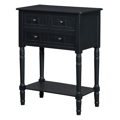 Knocbel Slim Antique Entry Console Table with 3 Drawers & Bottom Open Shelf, Solid Wood Narrow Sofa Couch Table for Entryway Hallway Living Room 23.7" W x 13" D x 31.4" H Black - color: Black