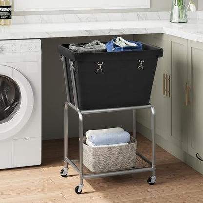 ELYKEN Rolling Laundry Hamper with Wheels, Removable Bag, Laundry Cart | Heavy Duty Metal Frame, 2-Tier Clothes Basket with Shelf, Ideal for Closet, Bedroom, Bathroom & Laundry Room - color: Black, size: 20.3"L x 15.9"W x 30.9"H