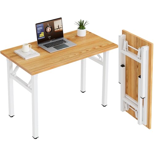 Need 35.8 Inch Folding Desk for Small Spaces, Home Office Computer Desk with Teak Wood Top & White Frame, Foldable Writing Table for Study, Bedroom, Dorm Room & Student - color: Teak & White, size: 35.8 inches
