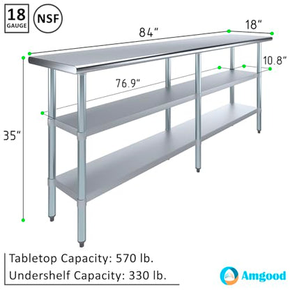 Stainless Steel Work Table with 2 Shelves | Metal Utility Table | Commercial & Residential NSF Utility (Stainless Steel Table with 2 Shelves, 84" Long x 18" Deep) - size: 84" Long x 18" Deep