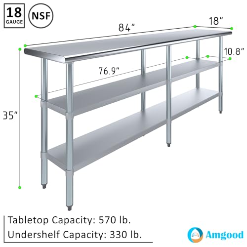 Stainless Steel Work Table with 2 Shelves | Metal Utility Table | Commercial & Residential NSF Utility (Stainless Steel Table with 2 Shelves, 84" Long x 18" Deep) - size: 84" Long x 18" Deep