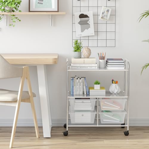 RELAX4LIFE Rolling Storage Cart with 4 Drawers & 2 Shelves, Metal Frame Paper Scrapbook File Organizer for Home Office, School Classroom, Movable Art Craft Cart (Clear) - color: Clear