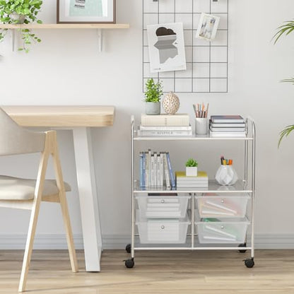 RELAX4LIFE Rolling Storage Cart with 4 Drawers & 2 Shelves, Metal Frame Paper Scrapbook File Organizer for Home Office, School Classroom, Movable Art Craft Cart (Clear) - color: Clear