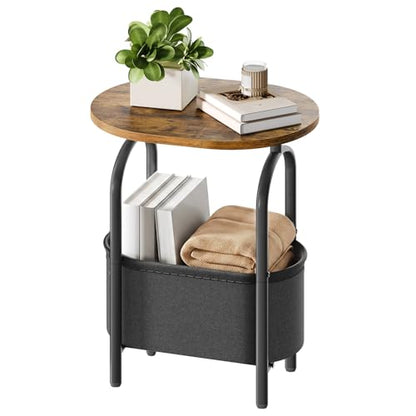 RALGEND Small Round Side Table with Fabric Basket Storage, Oval End Table for Small Spaces, Modern Coffee Bedside Table, Couch Side Table for Living Room, 15.7" X 11.8" X 24", Rustic Brown 8601BZBF - color: Rustic Brown and Black