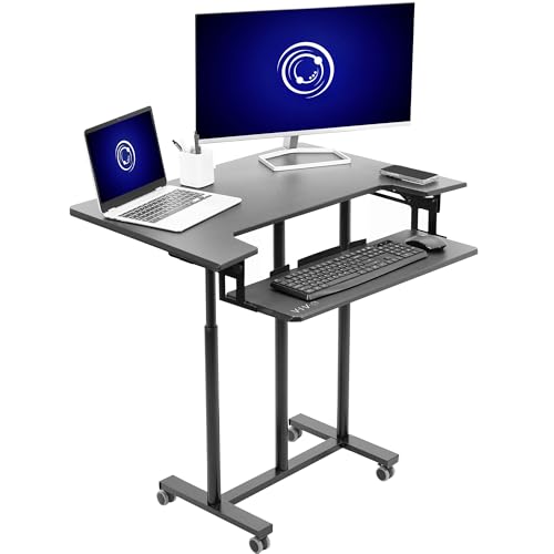 VIVO Mobile Height Adjustable Table, Stand Up Desk Cart with Sliding Keyboard Tray, Computer Workstation, Rolling Presentation Cart, Black, CART-V06A | Height Adjustable, Stand Up Desk, Sliding Keyboard Tray, Computer Workstation, Rolling Presentation Car