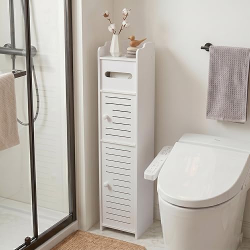 ShellKingdom Toilet Paper Holder Stand, Slim Small Bathroom Storage Cabinet | Over The Toilet Storage Cabinet for Small Spaces Corner Floor, 31.5x6.7x6.1inch - White - size: 31.5 x 6.7 x 6.1 inch