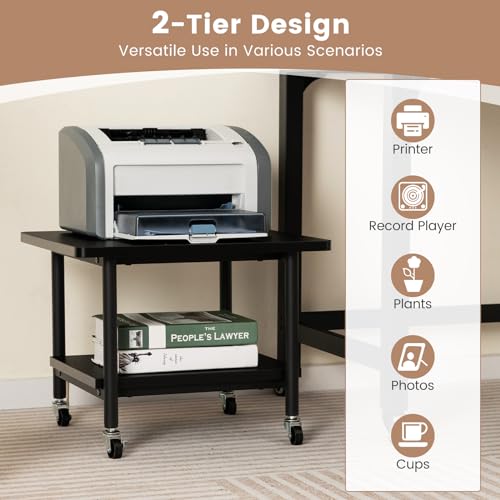 Tangkula Printer Stand with Storage, Under Desk Printer Table with 4 Wheels & Locking Mechanism, 2-Tier Rolling End Table Storage Rack for Bedroom, Living Room, Study - color: Black