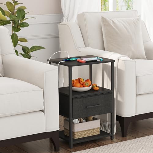 TUTOTAK Nightstand Set of 2, Night Stand with Charging Station, End Table, Bedside Table with Fabric Drawer, Side Table for Livingroom and Bedroom, Black TB01BK0692 - color: Black, style: Plug